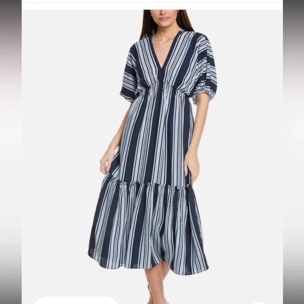 Taylor V-Neck Dolman Sleeve Smocked Midi Dress in Navy